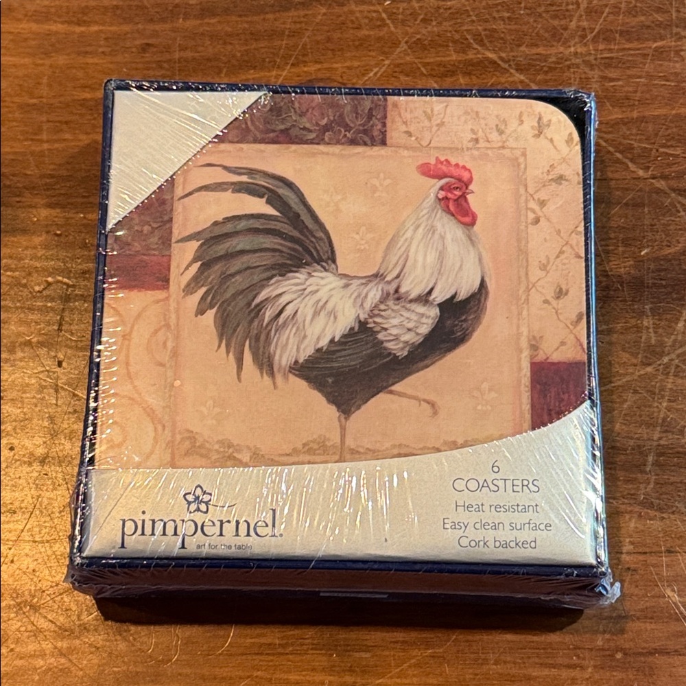 NIP Pimpernel Traditional 6 Coasters Loire Valley Rooster Set Cork Backed Sealed